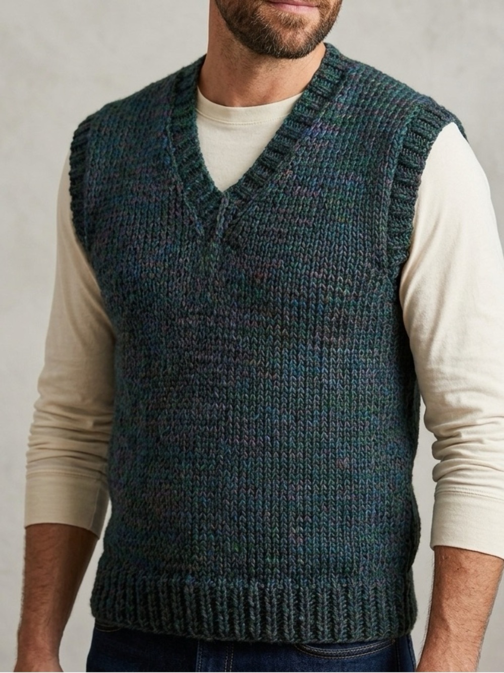 Hand-Knit Chunky Wool V-Neck Sweater Vest - Blue Green Purple Marled